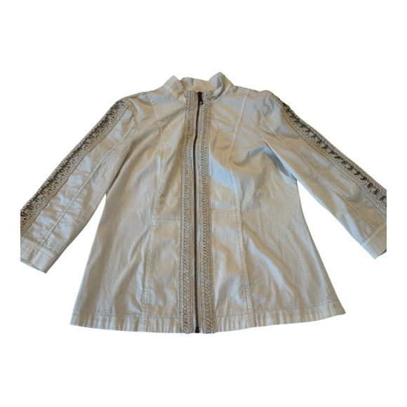 XCVI Wearables Neutral Beige Crochet Trim Sleeve Details Stretch Side Jacket S - Picture 3 of 16
